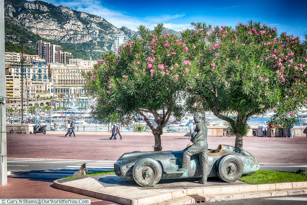 This statue to Jaun Manuel Fangio stands next to the last corner of the Monaco circuit