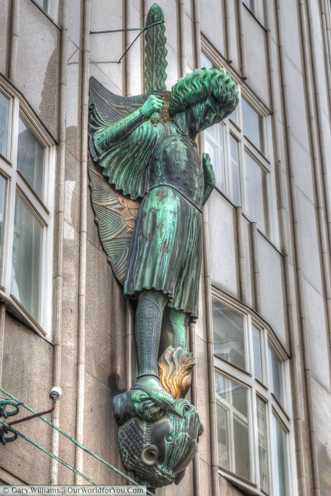 Archangel Michael on the façade of Zacherlhaus, Vienna, Austria