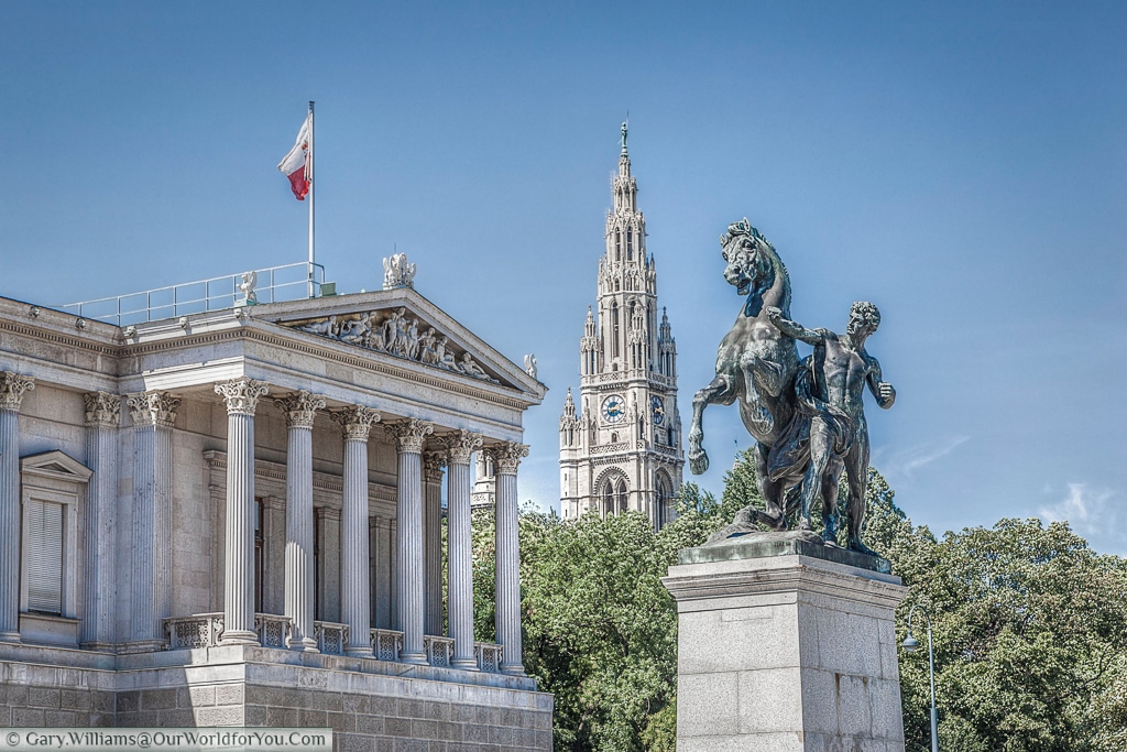 The Horse Tamer statue is one of a pair flanking the entrance to the parliament buildings in Vienna, Austria