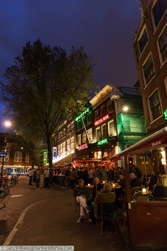 Bars along Spuistraat, including Café Hoppe, Amsterdam, The Netherlands