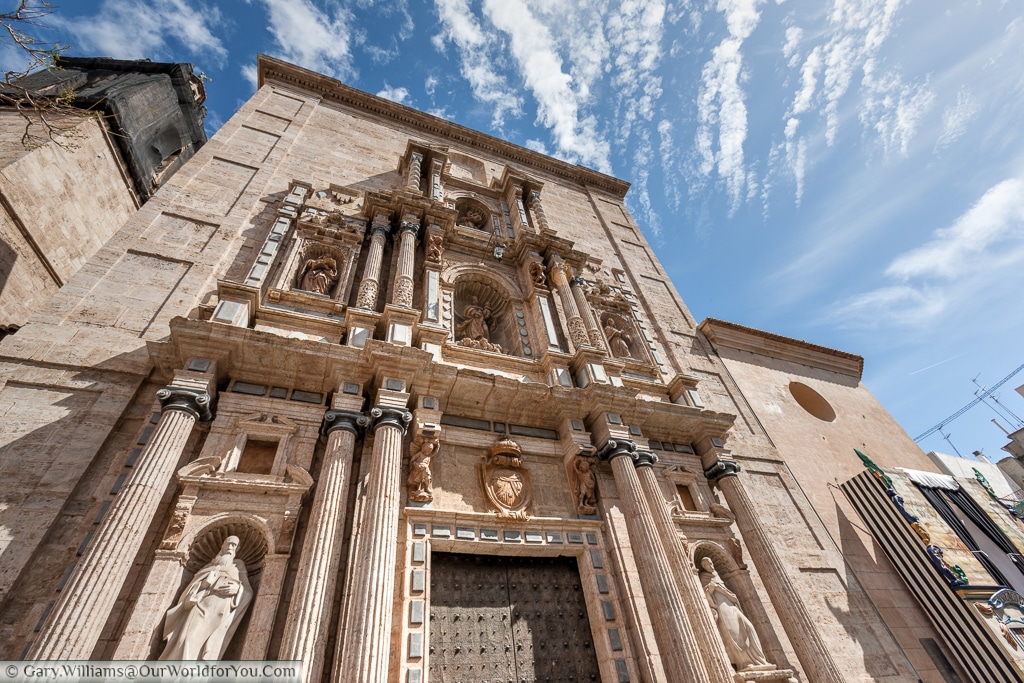 Looking up at the stunning facade of the Iglesia del Carman, Valencia, Spain