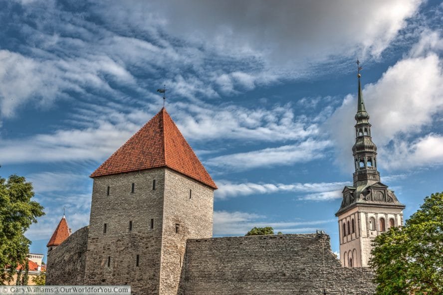 St. Nicholas' Church seen including a section of the city walls.