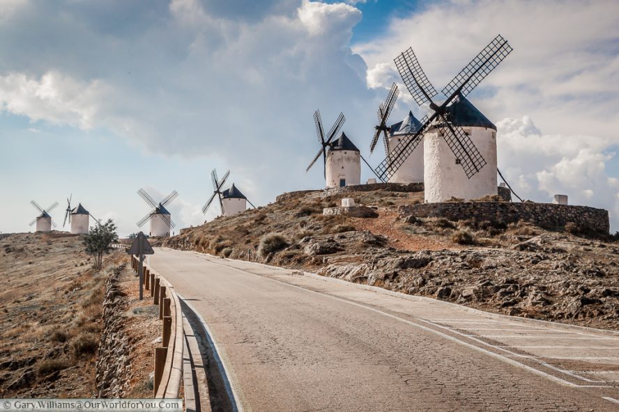 Seven of the windmills overlooking Consuegra, La Mancha, Spain