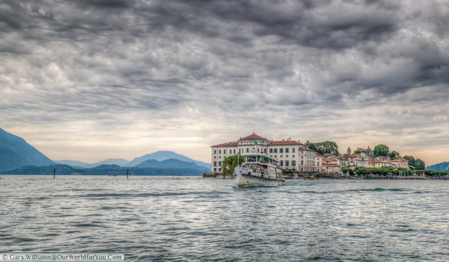 The ferry leaving Isola Bella, part of the Borromean Islands on Lake Maggiore, Italy