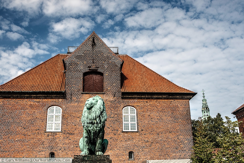 One end of the Tøjhus Museum with the Lion Statue, Copenhagen, Denmark