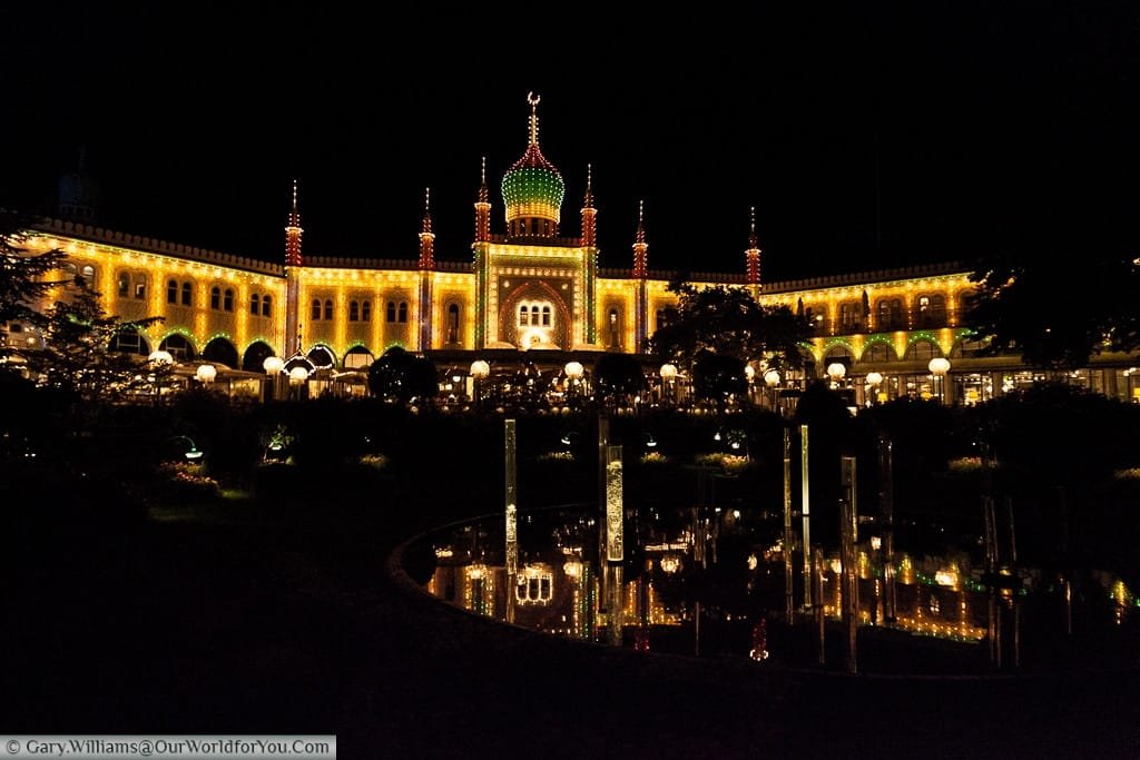 The Glass Hall Theatre at night in the Tivoli Gardens, Copenhagen, Denmark