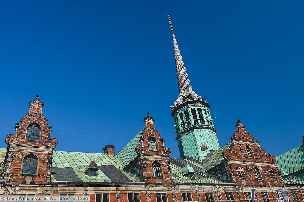 The roof of the Børsen or the old stock exchange, with its distinctive spire comprised of the tails of 4 dragons, Copenhagen, Denmark