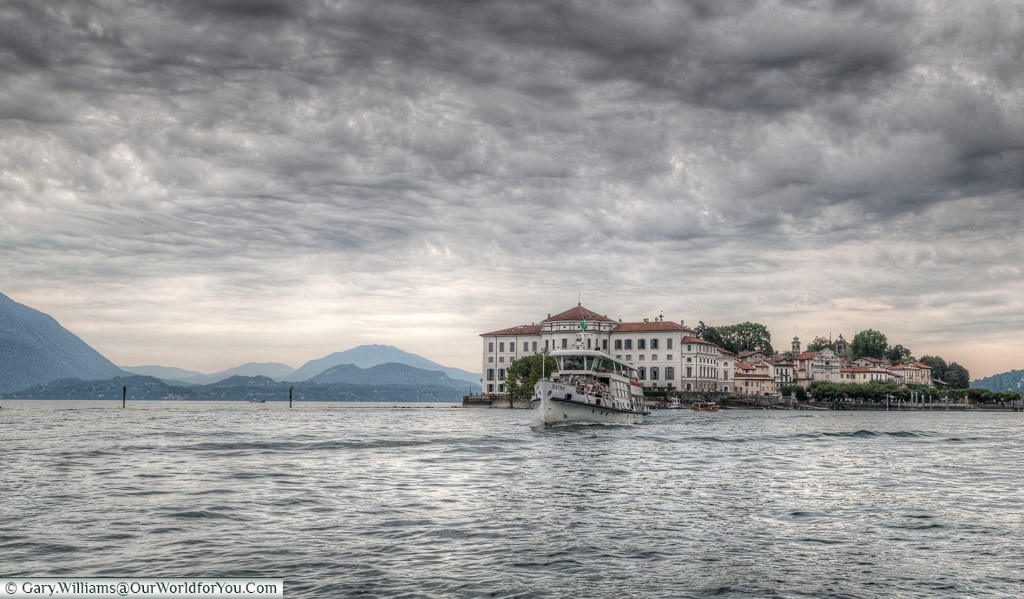 The ferry leaving Isola Bella, part of the Borromean Islands on Lake Maggiore, Italy