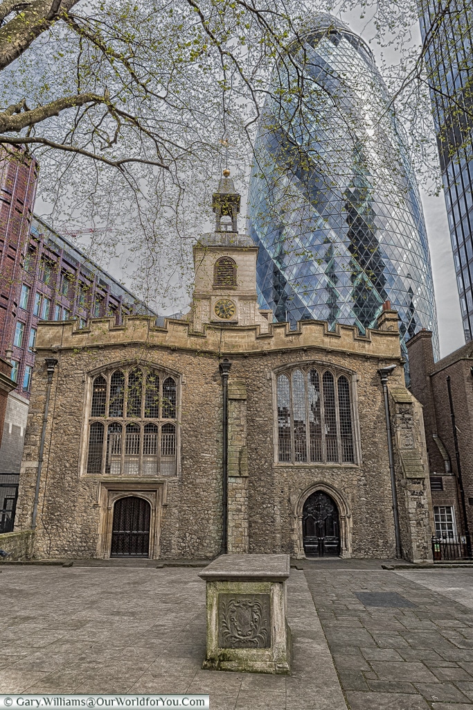 The Church of St Helens and the Gherkin, City of London, London, England, UK