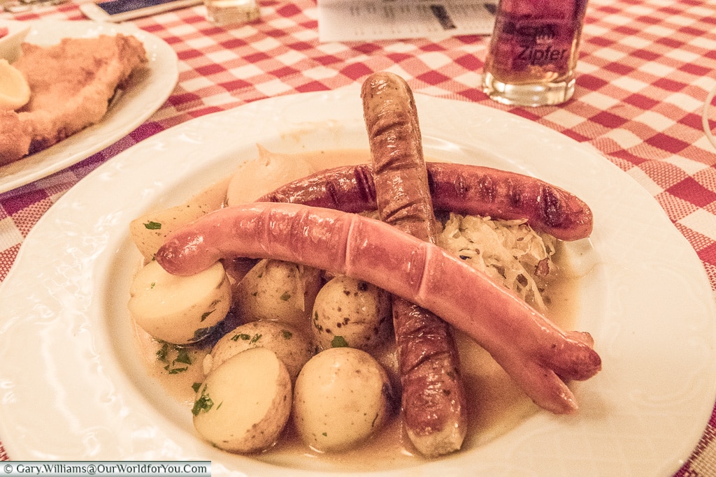 A sausage fest in a Brauhaus, Salzburg, Austria