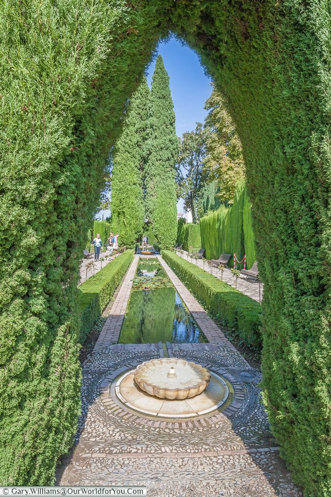Framed sunken pool in the Alhambra gardens, Granada, Spain