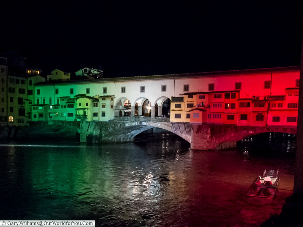 The Italian flag projected on the Ponte Vecchio, Florence, Tuscany, Italy