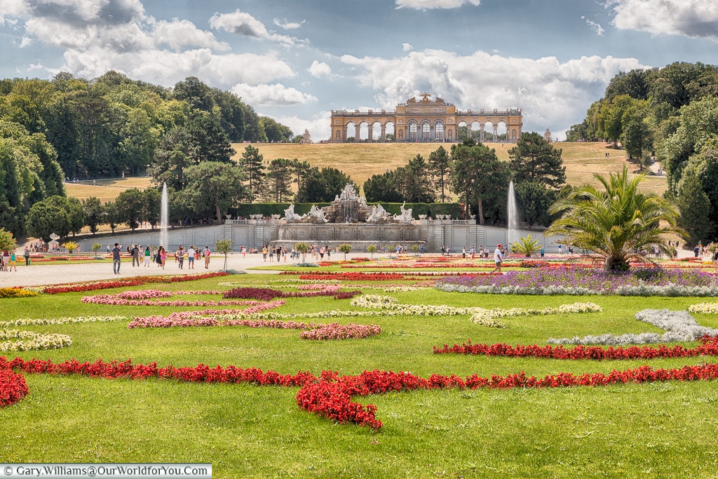 The Schönbrunn  gardens with the Gloriette on the hill, Vienna, Austria