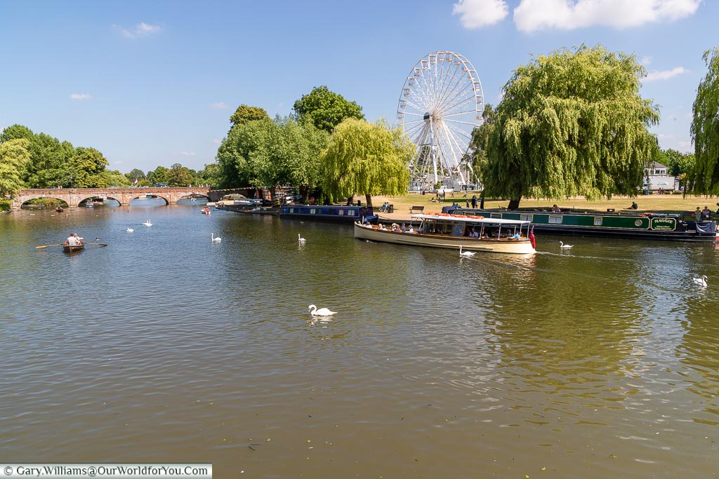 A pleasure boat approaching a bridge, in front of a Ferris wheel, on the River Avon, Stratford-upon-Avon.