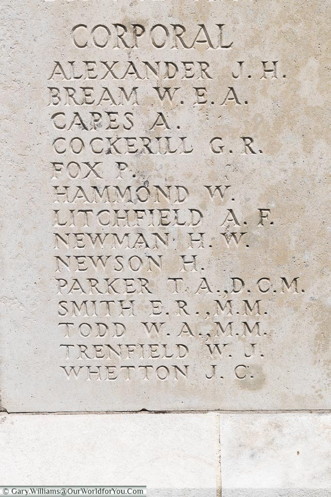 Corporal Harry Newson on the wall of remembrance , Tyne Cot, Passchendaele, Belgium