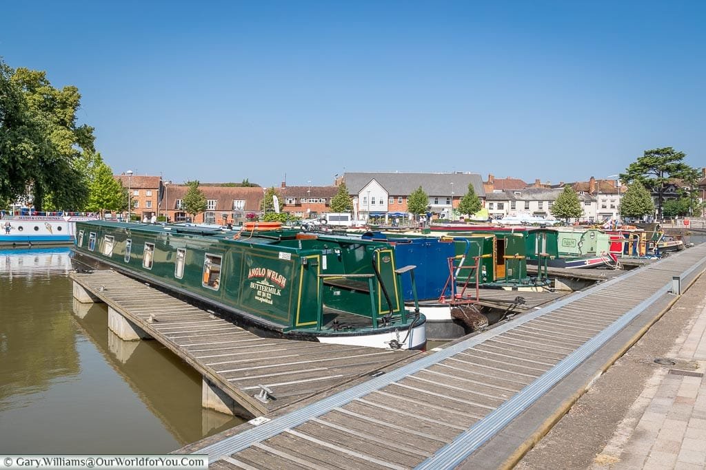 Canal boats moored up in the canal basin in Stratford-upon-Avon