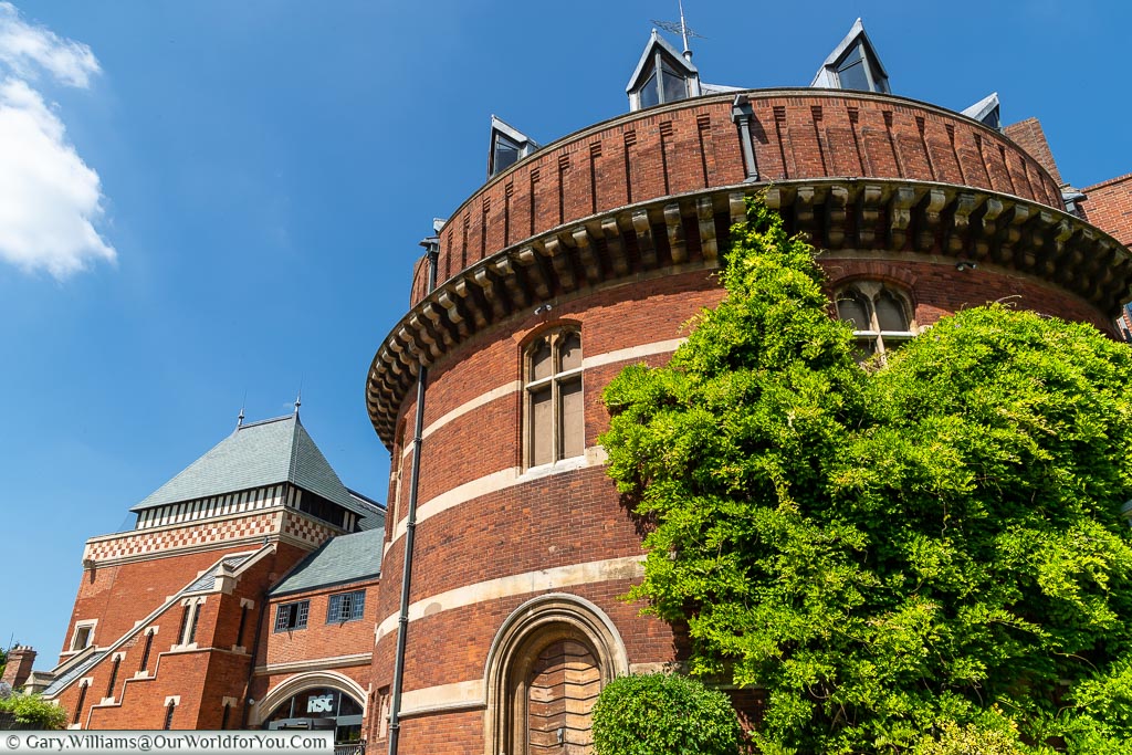 The round, brick-built, Victorian-Gothic style Swan Theatre attached to the main Royal Shakespeare Theatre in Stratford-upon-Avon