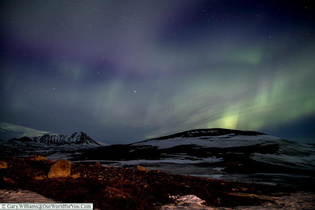 The Northern Lights in the air at Reykjahlíð, Eastern Iceland