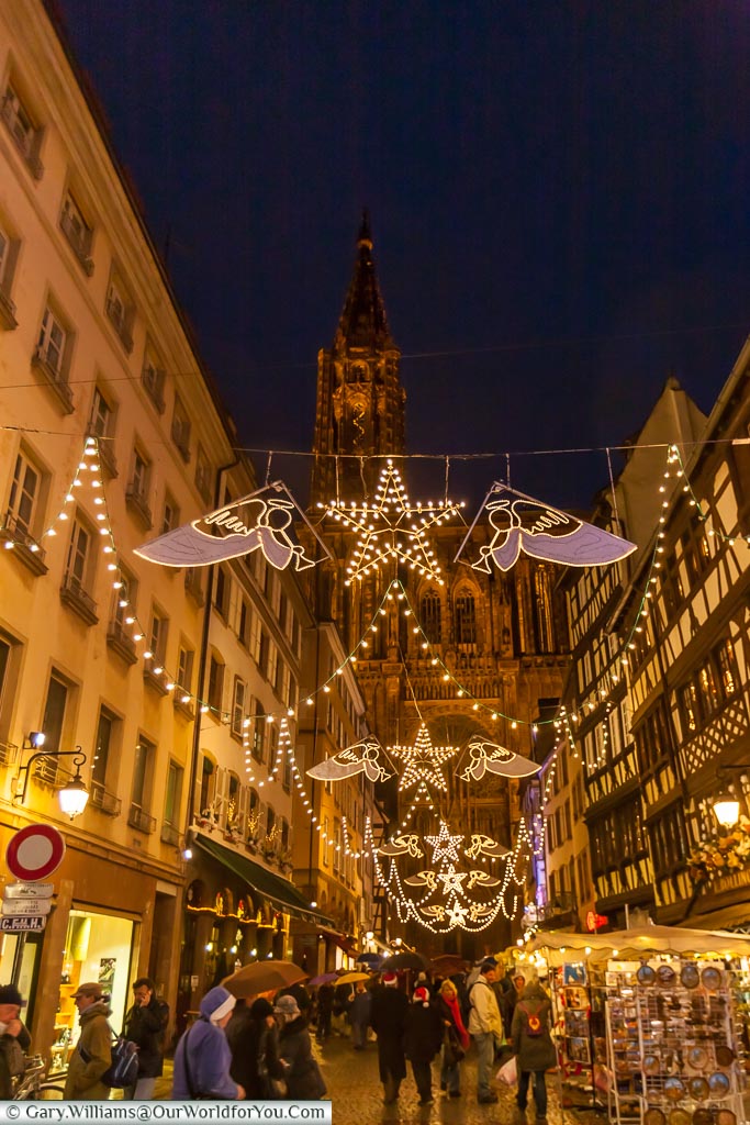 Angels light the way along Rue Mercière at Christmas, Strasbourg, France