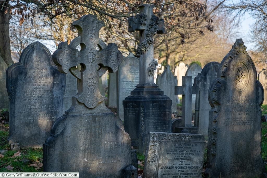 Old headstones in West Norwood Cemetery, London