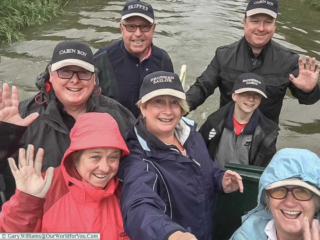 Team 'Wet but Happy' on-board Moonbeam on the Kennet & Avon Canal, England, United Kindgom