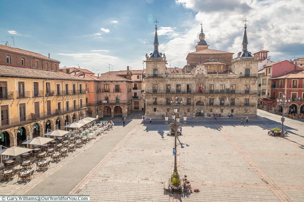 The view from our room over Plaza Mayor, León, Spain