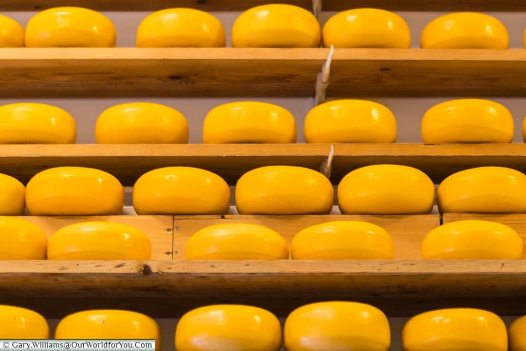 Edam Cheese, stacked in a Cheese shop, Holland, Netherlands