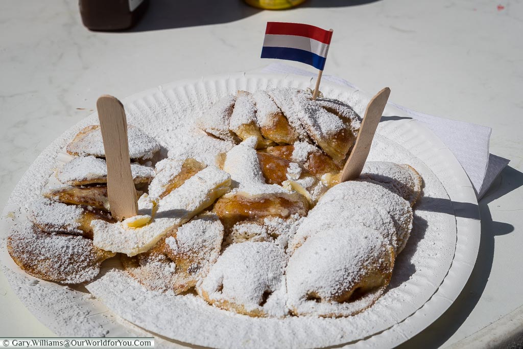 Poffertjes, dusted with icing sugar, Alkmaar, Holland, Netherlands