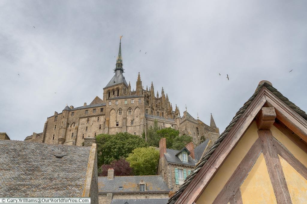 Looking up to the abbey on top of Mont-Saint-Michel Abbey from the lower levels.