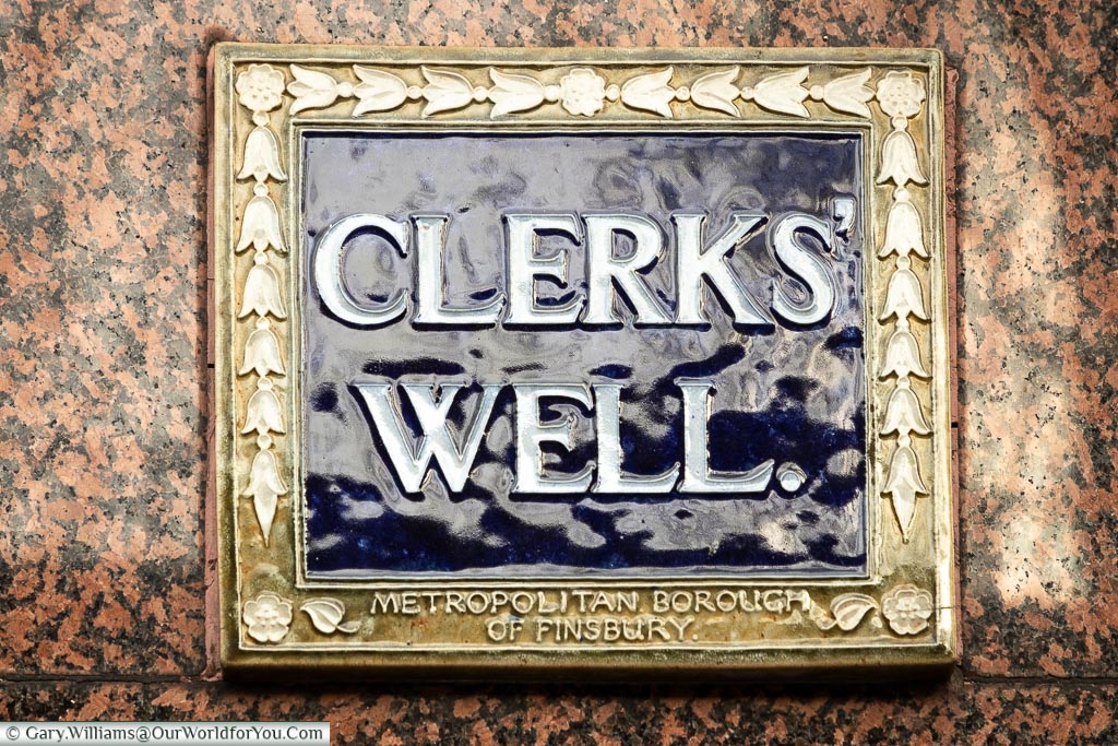 The Clerks’ Well blue plaque, Clerkenwell, London, England, UK