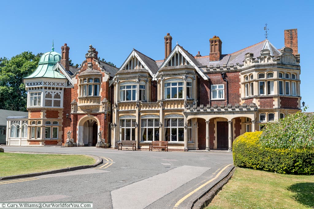 An external picture of the late 19th century Bletchley Manor in a mix of Victorian Gothic, Tudor, and Dutch Baroque styles