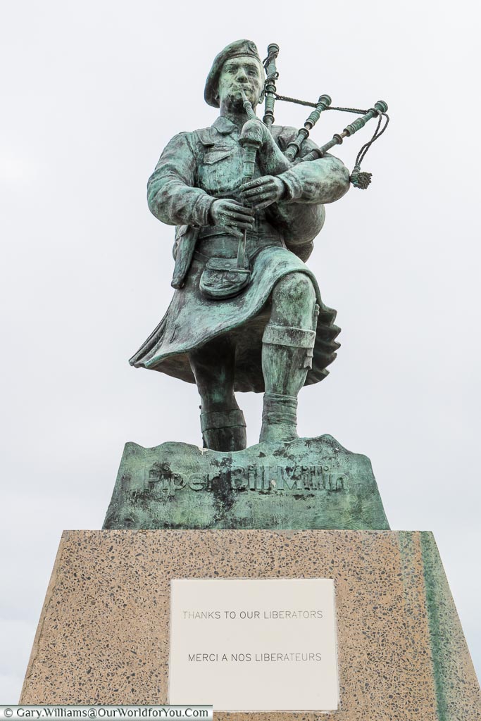 Statue to Piper Bill Millin - Thanks to our liberators Sword Beach, Normandy, France