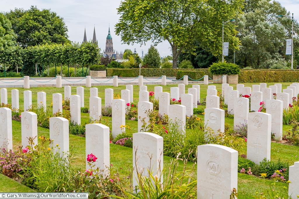 The Bayeux cemetry with the Cathedral in the background, Normandy, France