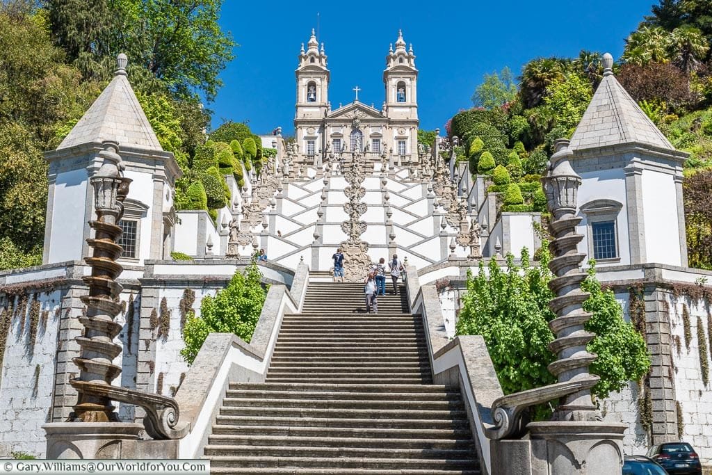 The view from the base of the steps at Bom Jesus do Monte to the chapel 116 metres or 381 feet above, in the heart of portugal that we visited as part of our portuguese road trip.