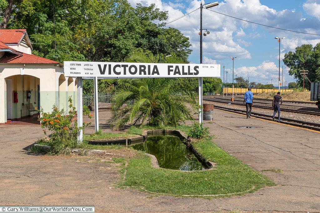A small manicured pond on the platform of Victoria Falls railway station in Zimbabwe.