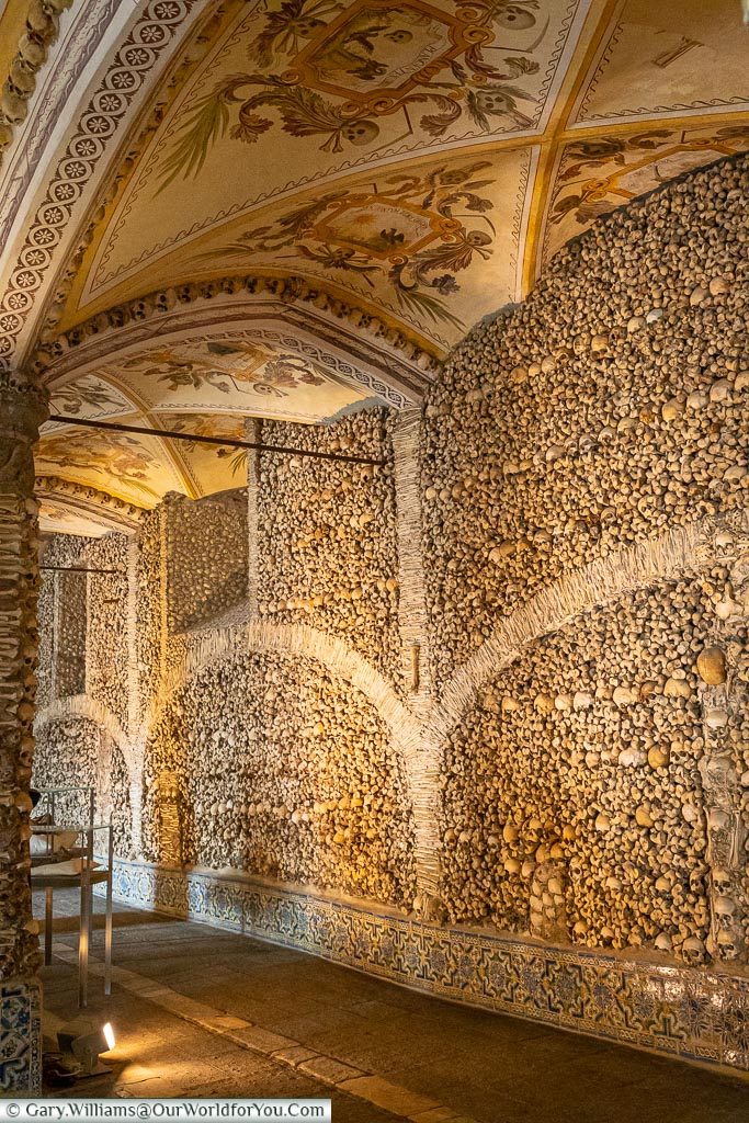 The view inside the chapel of bones, Évora, UNESCO, Portugal