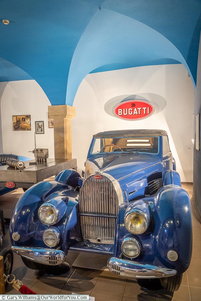 A full size Bugatti Stelvio in the basement of the Bugatti museum.