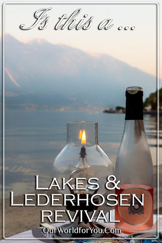 A Pin images of a bottle of Rosé and a lamp next the water's edge of Lake Garda