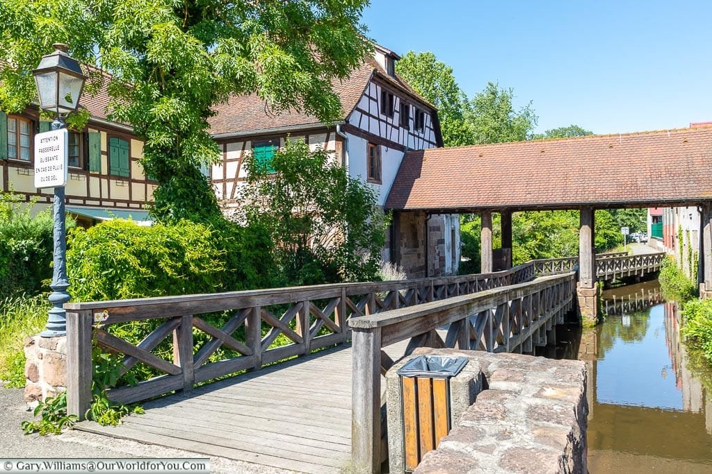 A path alongside an offshoot of the River Bruche on a raised wooden walkway.