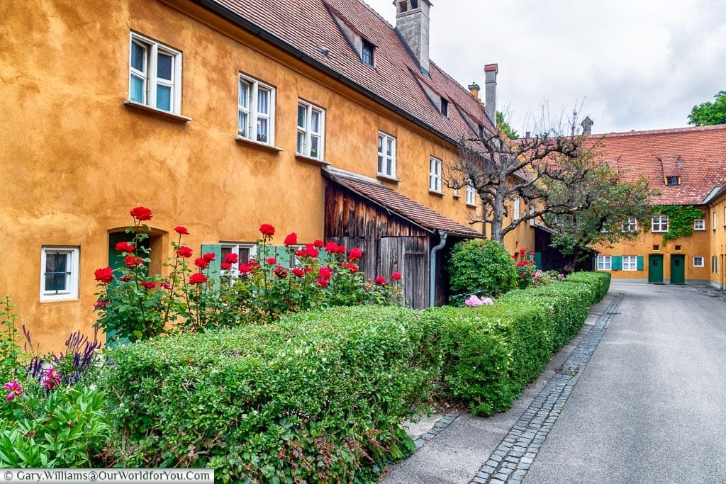 A hedge in front of beautifully tended small front gardens of the homes in the Fuggerei.