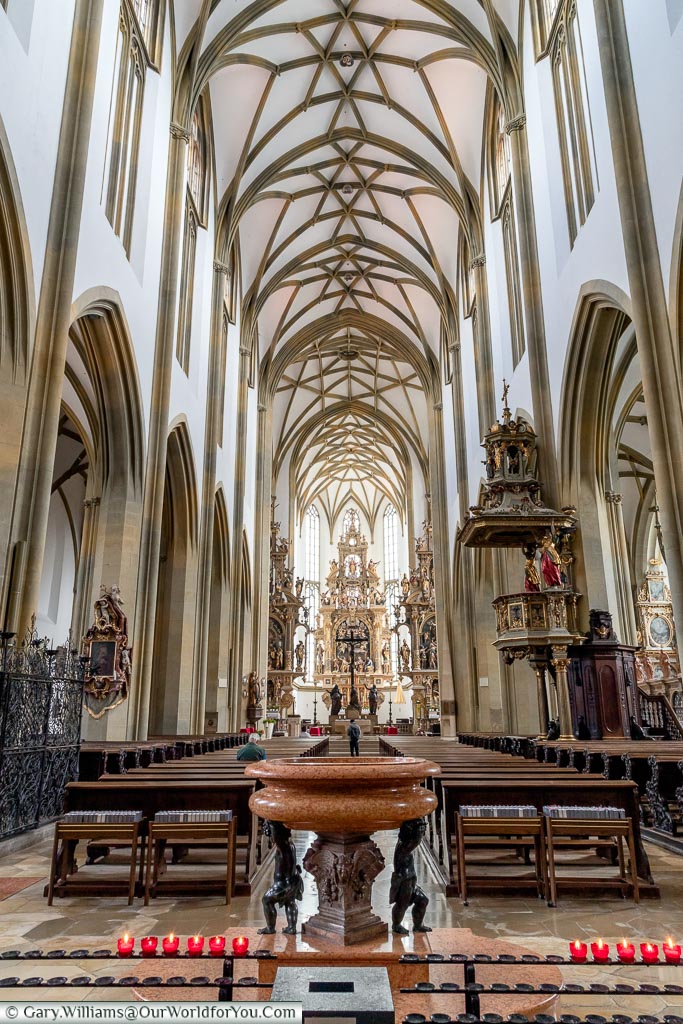 A view down the aisle towards the nave of the St. Ulrich’s and St Afra’s Abbey.