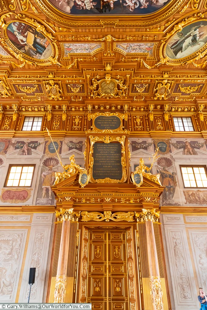 A vast decorated door & ceiling of the Golden Hall of the Rathaus.