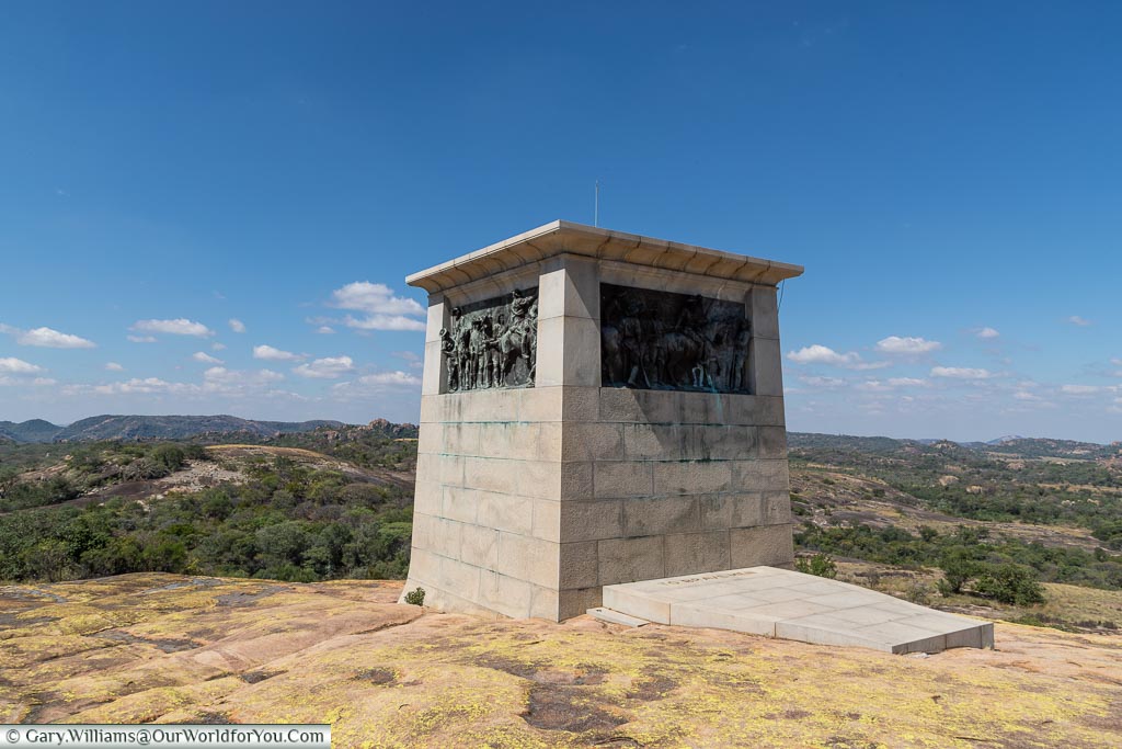 A large four-sided stone memorial to the Shangani massacre at World's View.