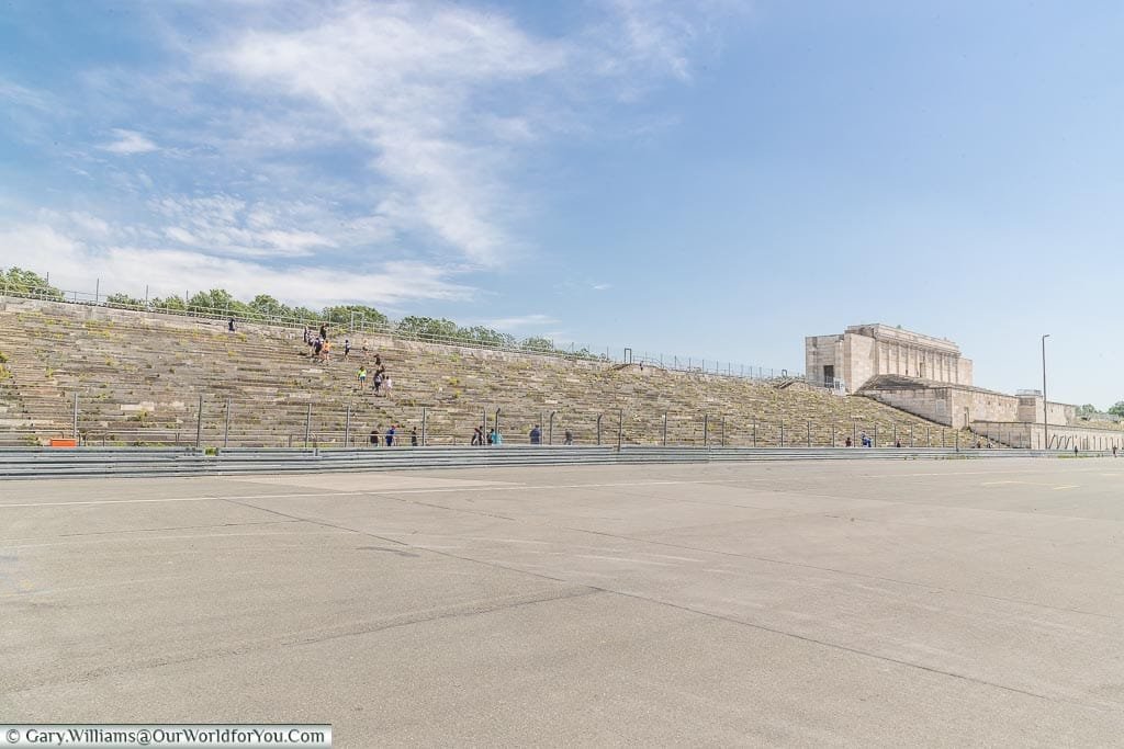 A view of the tiered steps at the top end of the stadium with the remains of the centre section remaining.