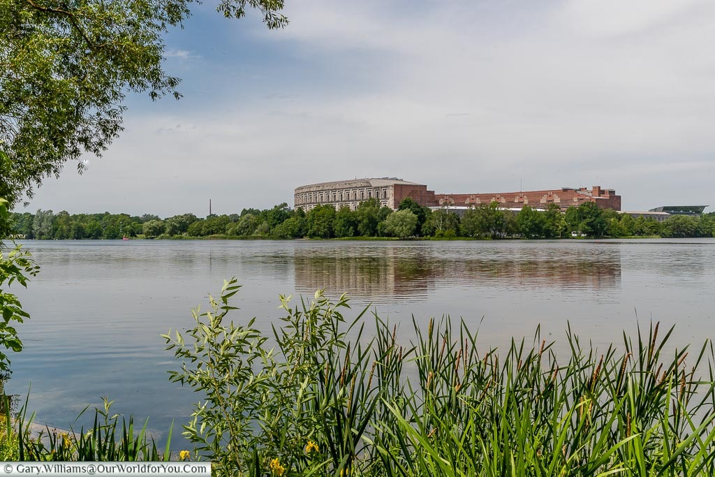 A view from the path around Dutzendteich Lake in front of the Nazi Party Congress Hall.