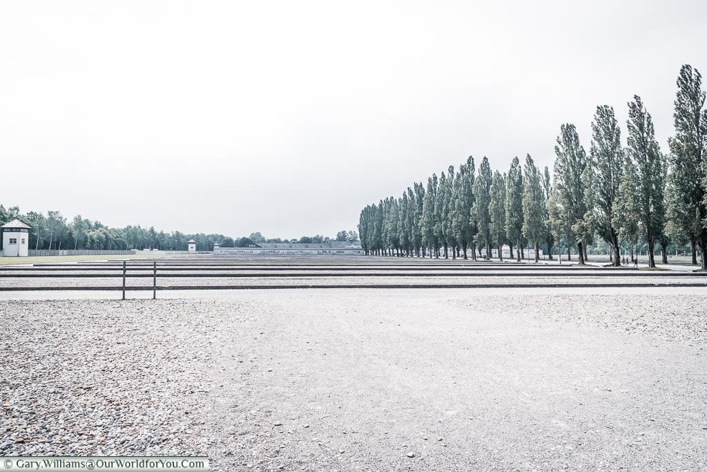 A view of the bases of the former dormitories that made up half the camp leading down to the parade ground in the distance.