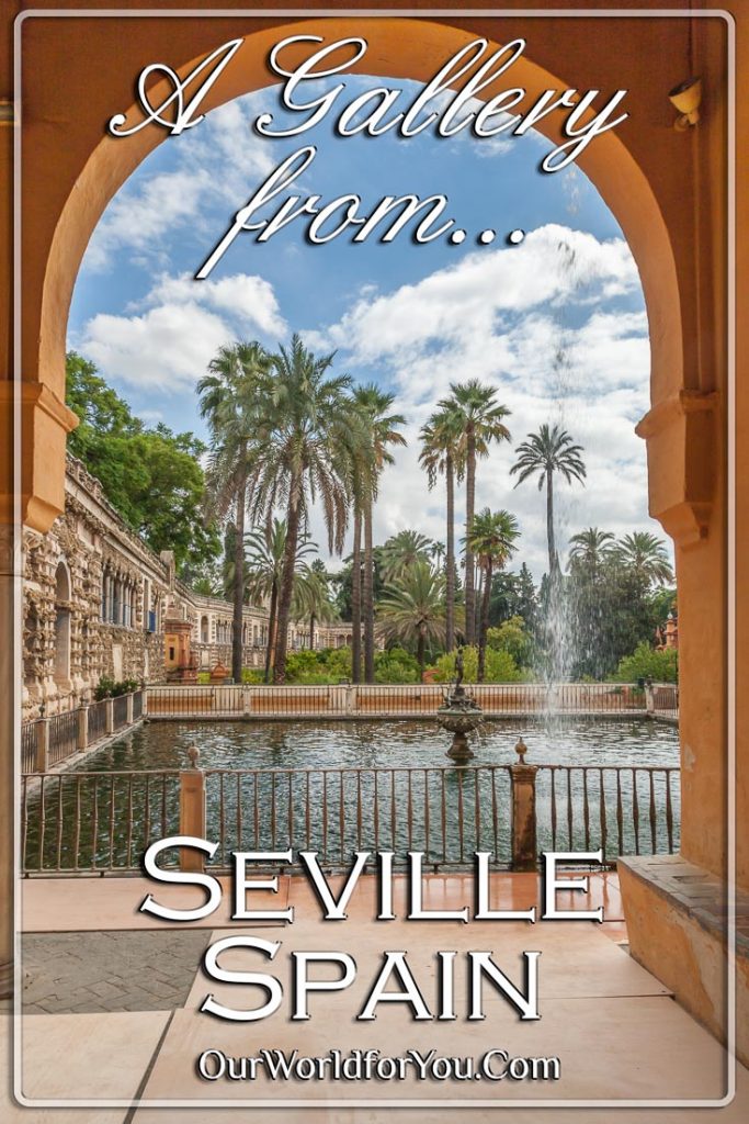 A view of the gardens of the Alcázar, Seville, Andalusia, Spain