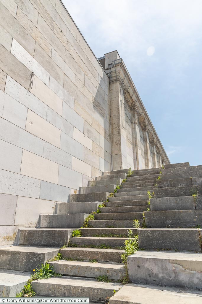 A flight of stone steps up to the Zeppelinfeld Grandstand centre section.