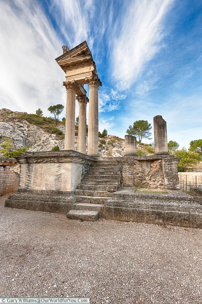 The ruins of the Roman temple within the complex of Glanum, just outside the town of Saint-Rémy-de-Provence.