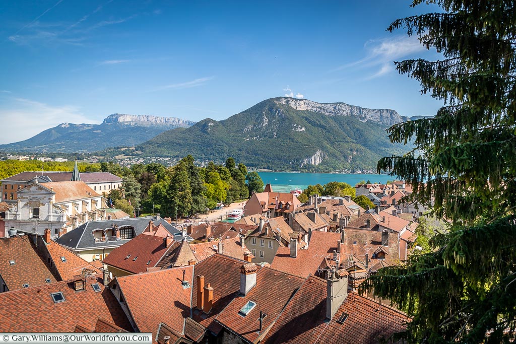 Looking across the rooftops to Lake Annecy and the mountains that frame it.